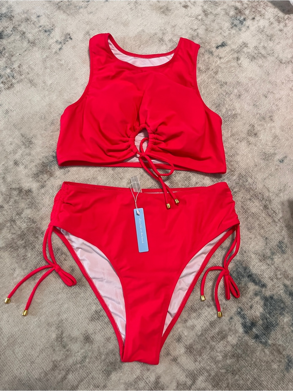 Cupshe Bright Red Drawstring High-Neck Bikini Set